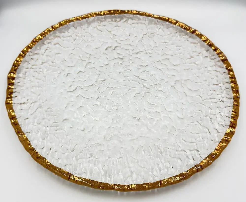 Crystal IVV Glacier Ice Serving Platter Cake Plate Italy 10K Gold Trim 14.5
